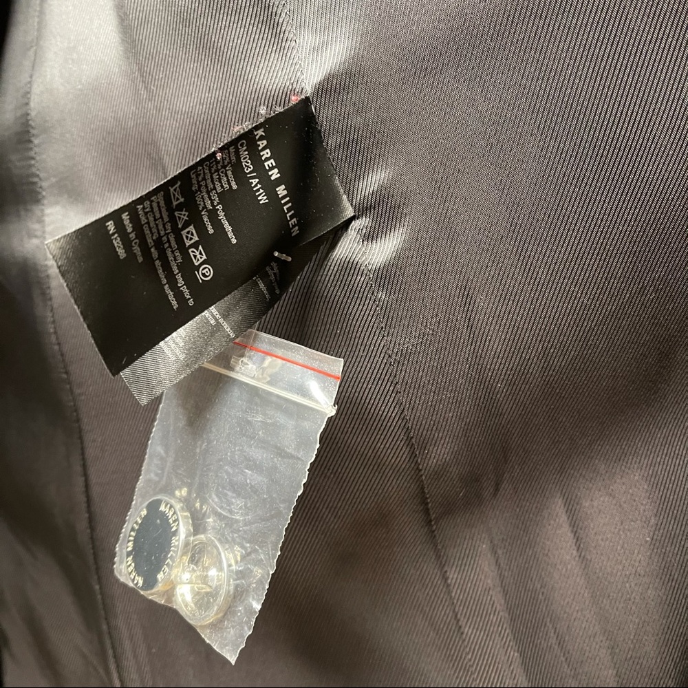 Karen Millen Black Glossy Faux Fur Trench Coat Silver Belted Lined Mob Wife - Picture 10 of 17